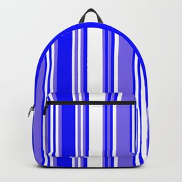 [ Thumbnail: Medium Slate Blue, White, and Blue Colored Lined/Striped Pattern Backpack ]