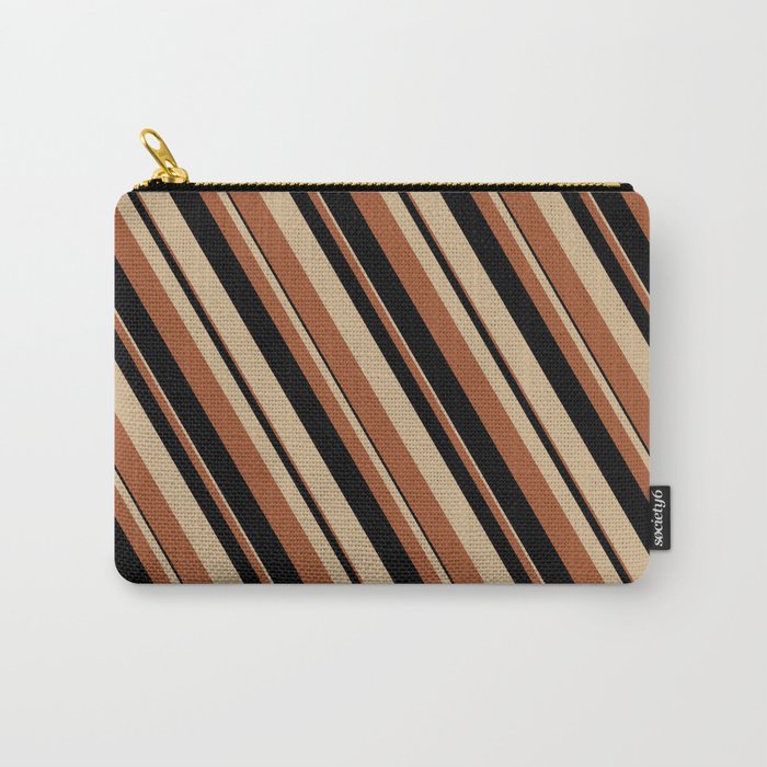 Tan, Sienna & Black Colored Lines/Stripes Pattern Carry-All Pouch