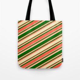 [ Thumbnail: Beige, Dark Green & Red Colored Lined Pattern Tote Bag ]