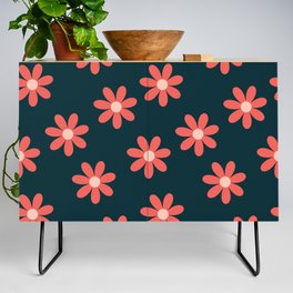 Mid Century Abstract Minimal Floral Pattern- Chinese Orange and Dark Sea Green Credenza