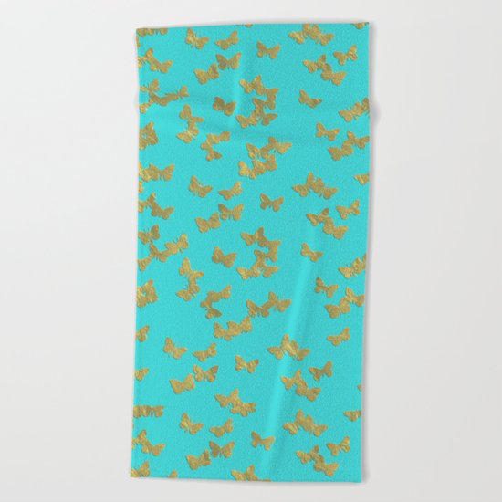 Gold glitter butterflies on aqua - Animal Insect Gold Glitter effect on #Society6 Beach Towel