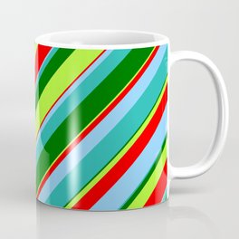 [ Thumbnail: Eye-catching Light Sea Green, Dark Green, Light Green, Red & Light Sky Blue Colored Stripes Pattern Coffee Mug ]