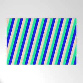 [ Thumbnail: Cyan, Green, Blue & Beige Colored Lined Pattern Welcome Mat ]