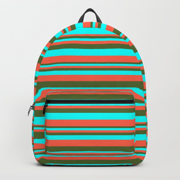 Red, Dark Olive Green & Aqua Colored Lined Pattern Backpack