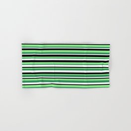 [ Thumbnail: Light Green, Sea Green, Mint Cream & Black Colored Pattern of Stripes Hand & Bath Towel ]