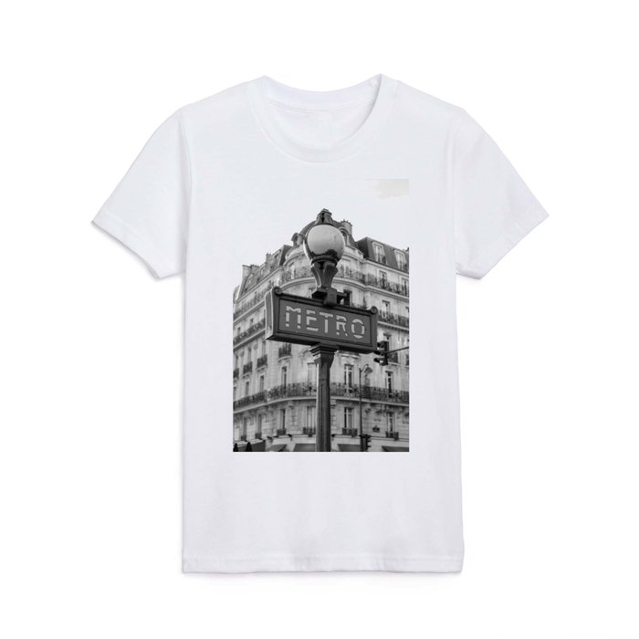 Paris Metro underground subway neighborhood street sign cityscape black and white photograph - photography - photographs Kids T Shirt