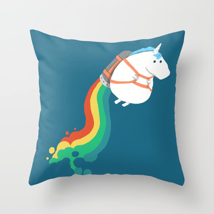 Fat Unicorn on Rainbow Jetpack Throw Pillow