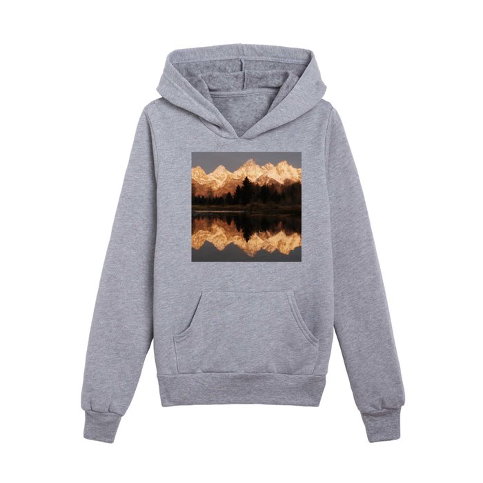 Grand Titans snowcapped mountain range mirrored lake reflection winter Jackson Hole, Wyoming landscape color photograph / photography panarama  Kids Pullover Hoodie