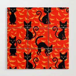 Spooky Black Cat Halloween Orange Bats Wood Wall Art