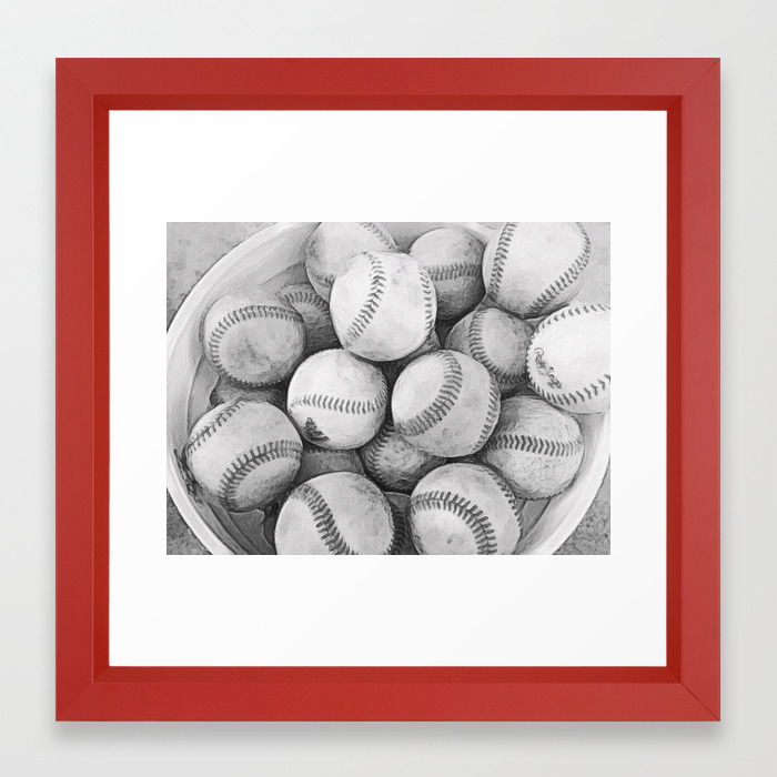 bucket of baseballs in black and white framed art print by leahmcphail society6 society6