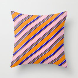 [ Thumbnail: Pink, Blue, Dark Orange, and Dim Gray Colored Pattern of Stripes Throw Pillow ]