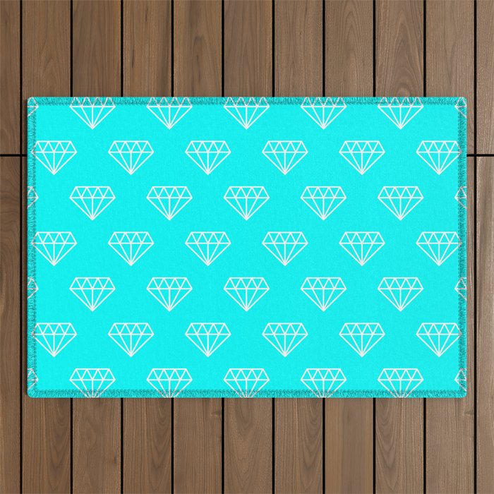 White Hipster Diamond Pattern on Aqua Blue background Outdoor Rug