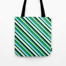 [ Thumbnail: Forest Green, Deep Sky Blue, Light Cyan & Black Colored Stripes/Lines Pattern Tote Bag ]