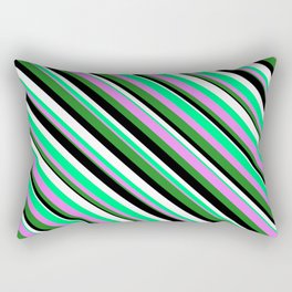 [ Thumbnail: Green, Violet, Forest Green, Black, and White Colored Stripes Pattern Rectangular Pillow ]