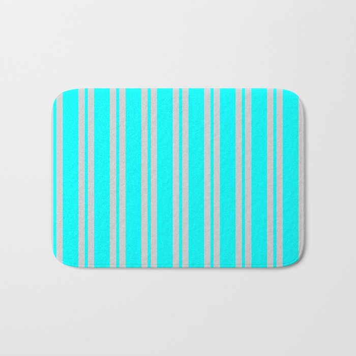 Cyan & Light Gray Colored Pattern of Stripes Bath Mat
