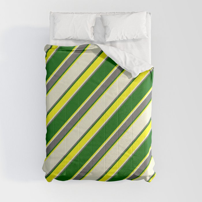 Beige, Dim Gray, Dark Green & Yellow Colored Lined Pattern Comforter