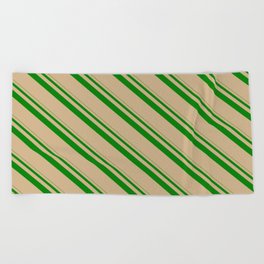 [ Thumbnail: Green & Tan Colored Pattern of Stripes Beach Towel ]