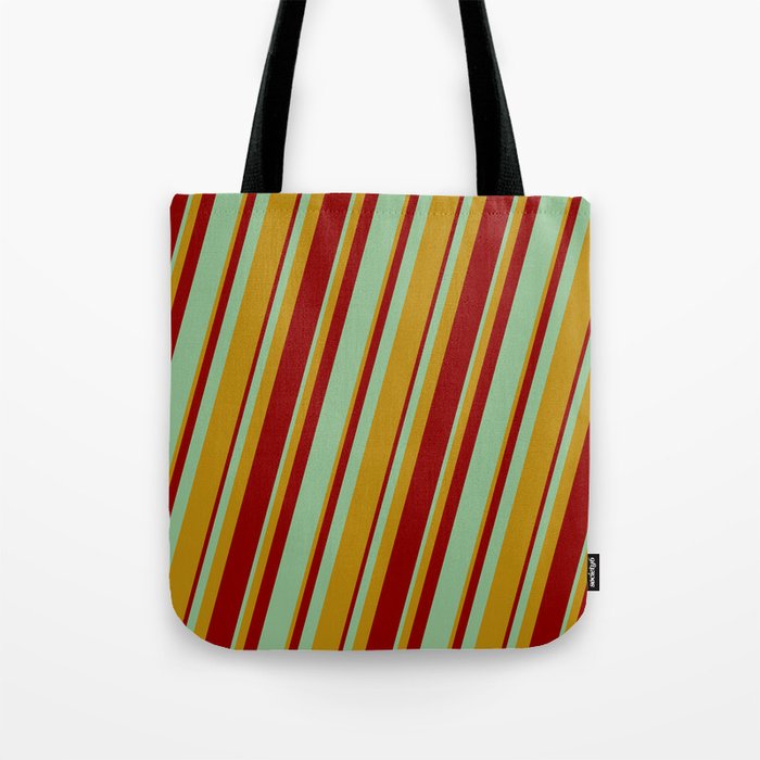 Dark Goldenrod, Dark Red & Dark Sea Green Colored Lined/Striped Pattern Tote Bag