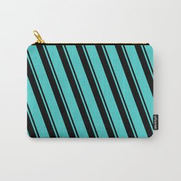 [ Thumbnail: Black & Turquoise Colored Lines/Stripes Pattern Carry-All Pouch ]