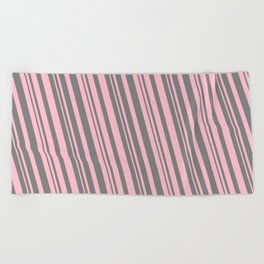 [ Thumbnail: Pink and Grey Colored Striped Pattern Beach Towel ]