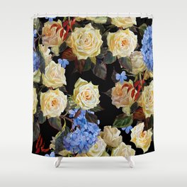 Seamless floral pattern in modern style. White roses and blue hydrangea on a black background. Watercolor painting. Botanical illustration.  Shower Curtain