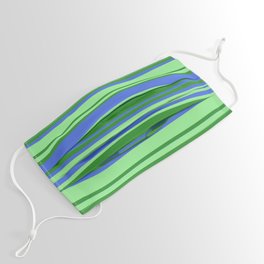 [ Thumbnail: Forest Green, Royal Blue & Light Green Colored Striped Pattern Face Mask ]
