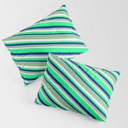 [ Thumbnail: Dark Sea Green, Mint Cream, Green, and Blue Colored Striped Pattern Pillow Sham ]
