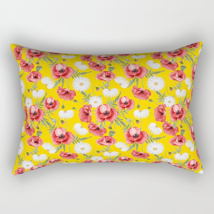 Daisy and Poppy Seamless Pattern on Yellow Background Rectangular Pillow