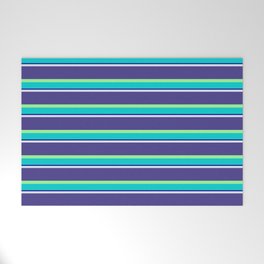 [ Thumbnail: Lavender, Dark Slate Blue, Green, Dark Turquoise & Dark Blue Colored Striped Pattern Welcome Mat ]