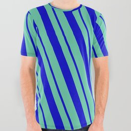 [ Thumbnail: Aquamarine and Blue Colored Pattern of Stripes All Over Graphic Tee ]