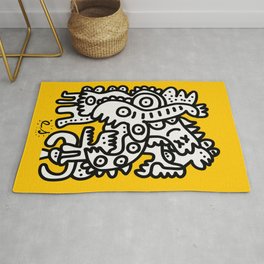 Black and White Cool Monsters Graffiti on Yellow Background Rug