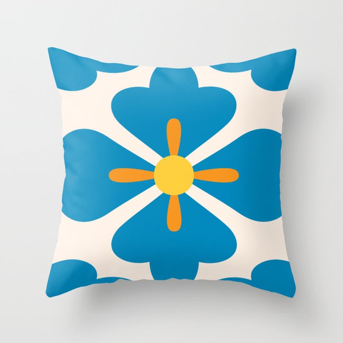 Abstract blue blossoms geometric pattern, large scale Throw Pillow