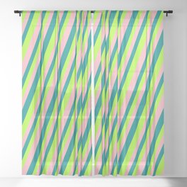 [ Thumbnail: Dark Cyan, Light Green, and Light Pink Colored Lined Pattern Sheer Curtain ]