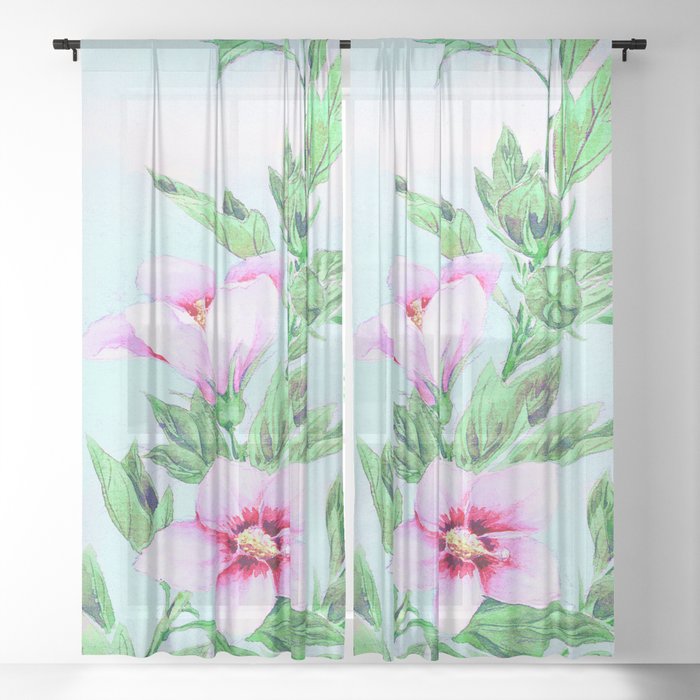 Remix Japanese Woodblock Painting of  Hibiscus Plant  by Megata Morikaga Sheer Curtain