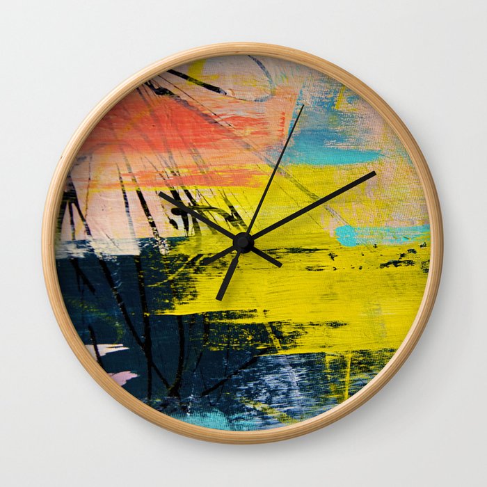Adventurer: A vibrant abstract mixed-media piece in pink yellow and green by Alyssa Hamilton Art Wall Clock