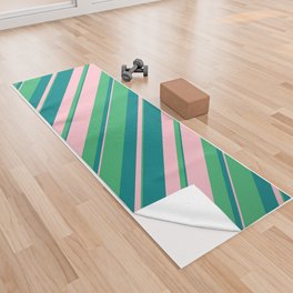 [ Thumbnail: Sea Green, Pink, and Teal Colored Stripes/Lines Pattern Yoga Towel ]