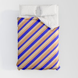 [ Thumbnail: Tan, Brown, and Blue Colored Striped Pattern Comforter ]