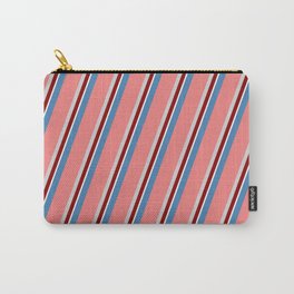 [ Thumbnail: Eyecatching Blue, Light Coral, Light Grey, Dark Red, and White Colored Stripes Pattern Carry-All Pouch ]