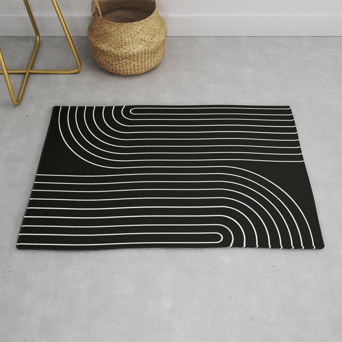 Minimal Line Curvature II Black and White Mid Century Modern Arch Abstract Rug