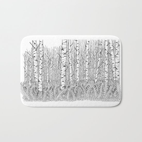Birch Trees Black and White Illustration Bath Mat