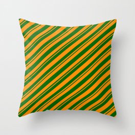[ Thumbnail: Dark Orange and Dark Green Colored Striped/Lined Pattern Throw Pillow ]