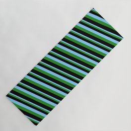 [ Thumbnail: Light Sky Blue, Forest Green & Black Colored Pattern of Stripes Yoga Mat ]