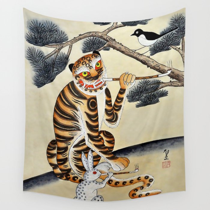 Korean Minhwa Tiger with Pipe Wall Tapestry