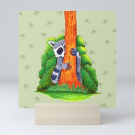 Peeking Raccoons #4 Green Pallet- Mini Art Print