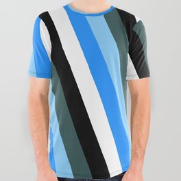 [ Thumbnail: Dark Slate Gray, Light Sky Blue, Blue, White, and Black Colored Lines Pattern All Over Graphic Tee ]