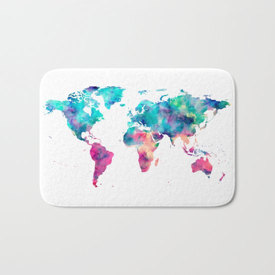 World Map Turquoise Pink Blue Green Bath Mat
