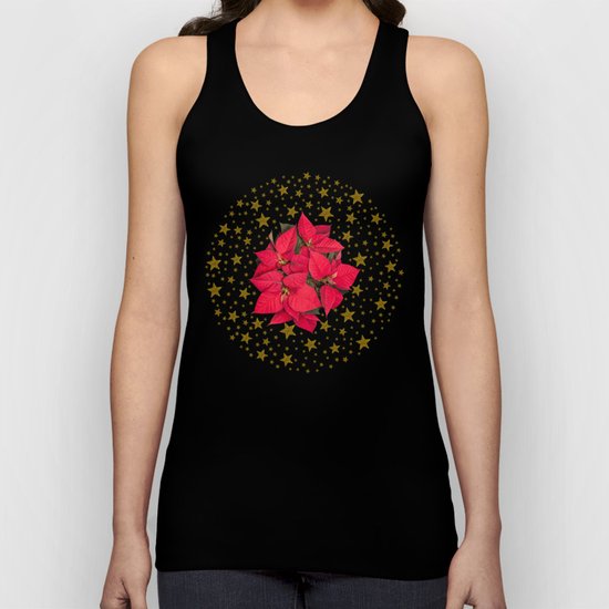 Red Christmas flower and sparkly gold stars Unisex Tank Top