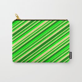 [ Thumbnail: Tan, Green & Lime Colored Stripes/Lines Pattern Carry-All Pouch ]