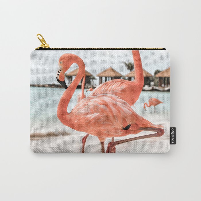 Pink Flamingos On Aruba Island Art Photo | Caribbean Beach Wall Print | Tropical Travel Photography Carry-All Pouch