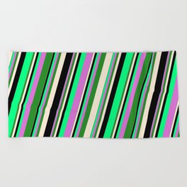 [ Thumbnail: Vibrant Green, Orchid, Forest Green, Beige & Black Colored Striped Pattern Beach Towel ]